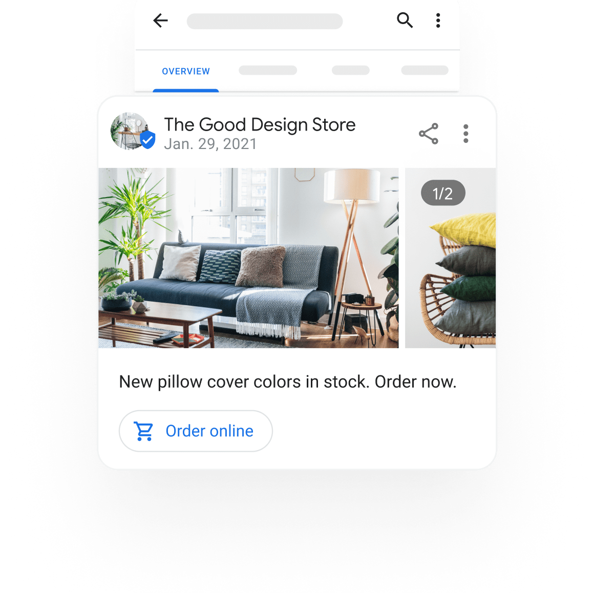 Image of a Business Profile showing a post promoting a special offers, events, and updates. On the post, image of pillows on a living room and on a chair. post text: New pillow cover colors in stock.  Order now.